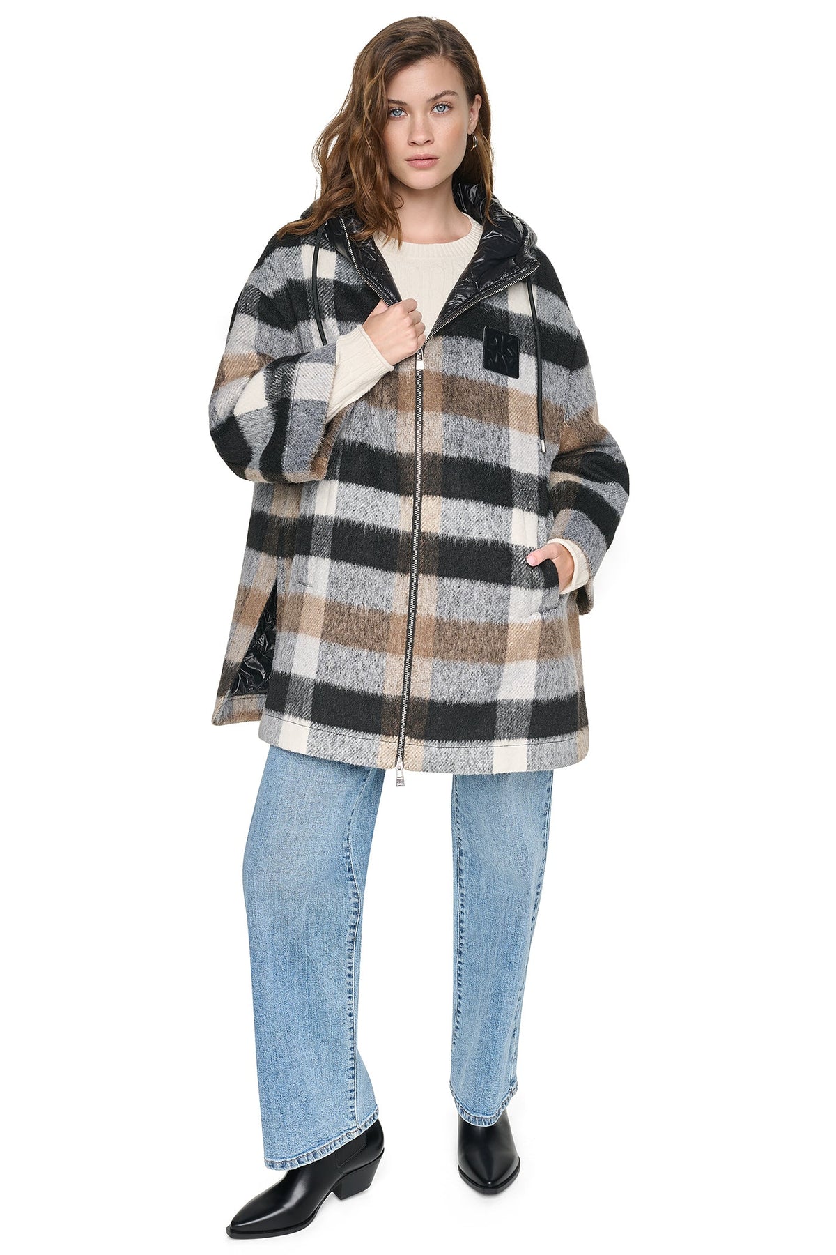 PLAID HOODED CAPE COAT Plaid Black | DKNY