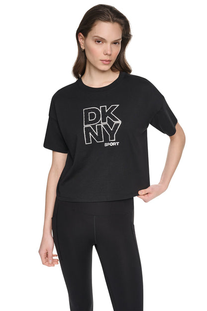 CROPPED CRYSTAL STACKED LOGO TEE Eggnog/Silver | DKNY