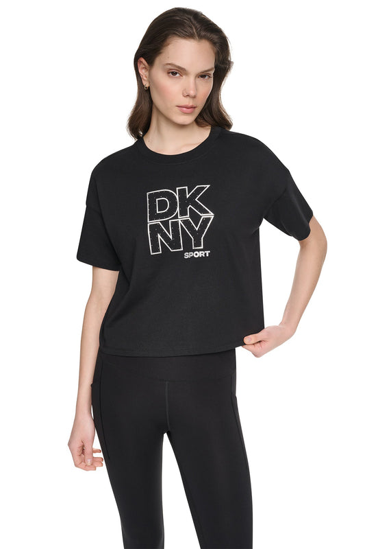 CROPPED CRYSTAL STACKED LOGO TEE Eggnog/Silver | DKNY