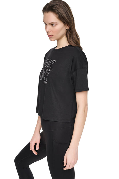 CROPPED CRYSTAL STACKED LOGO TEE Eggnog/Silver | DKNY