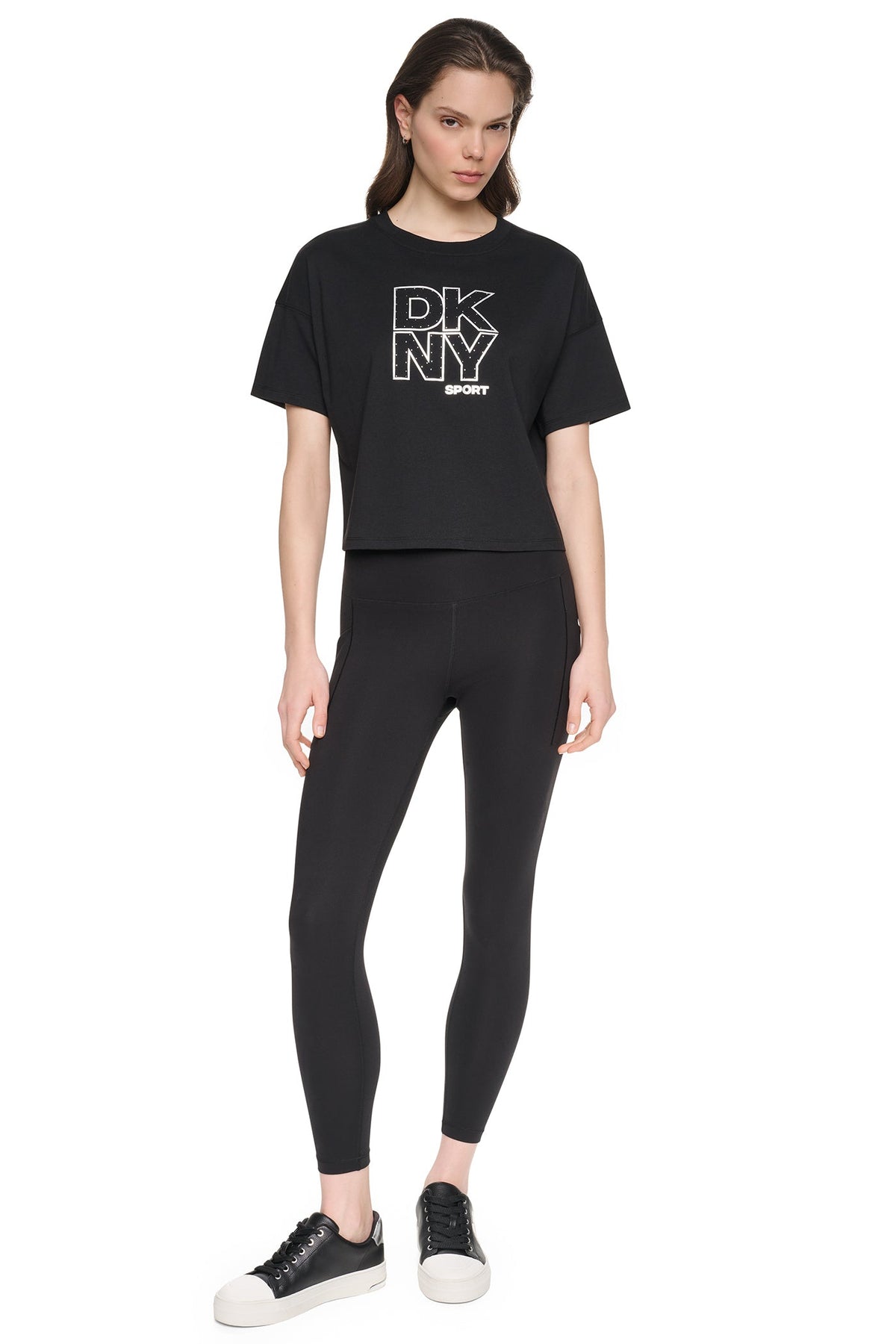 CROPPED CRYSTAL STACKED LOGO TEE Eggnog/Silver | DKNY
