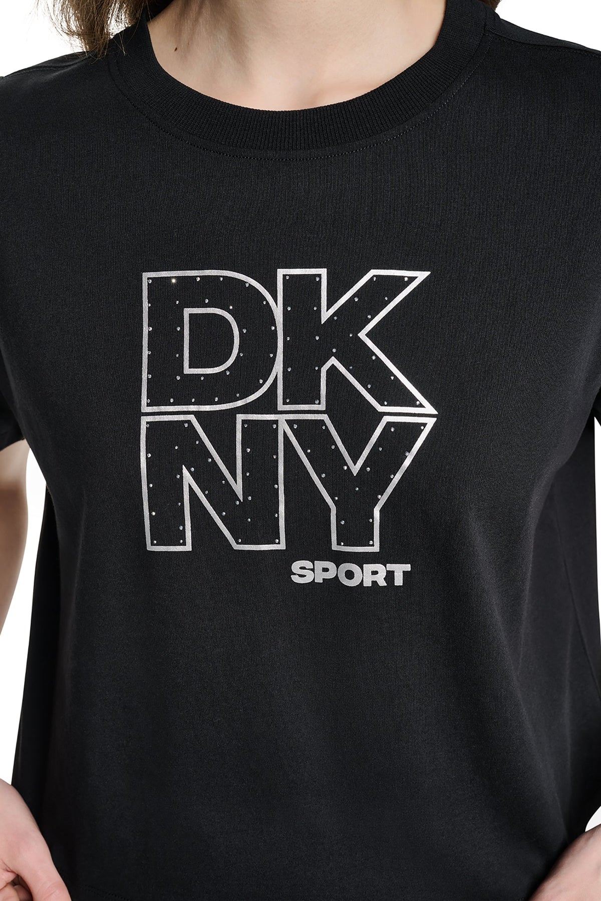 CROPPED CRYSTAL STACKED LOGO TEE Eggnog/Silver | DKNY