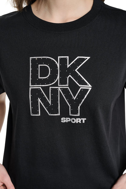 CROPPED CRYSTAL STACKED LOGO TEE Eggnog/Silver | DKNY