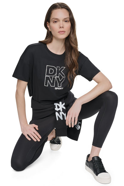 CROPPED CRYSTAL STACKED LOGO TEE Eggnog/Silver | DKNY