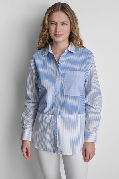POPLIN CLASSIC FIT SHIRT WITH MIXED STRIPES Blue Multi | DKNY