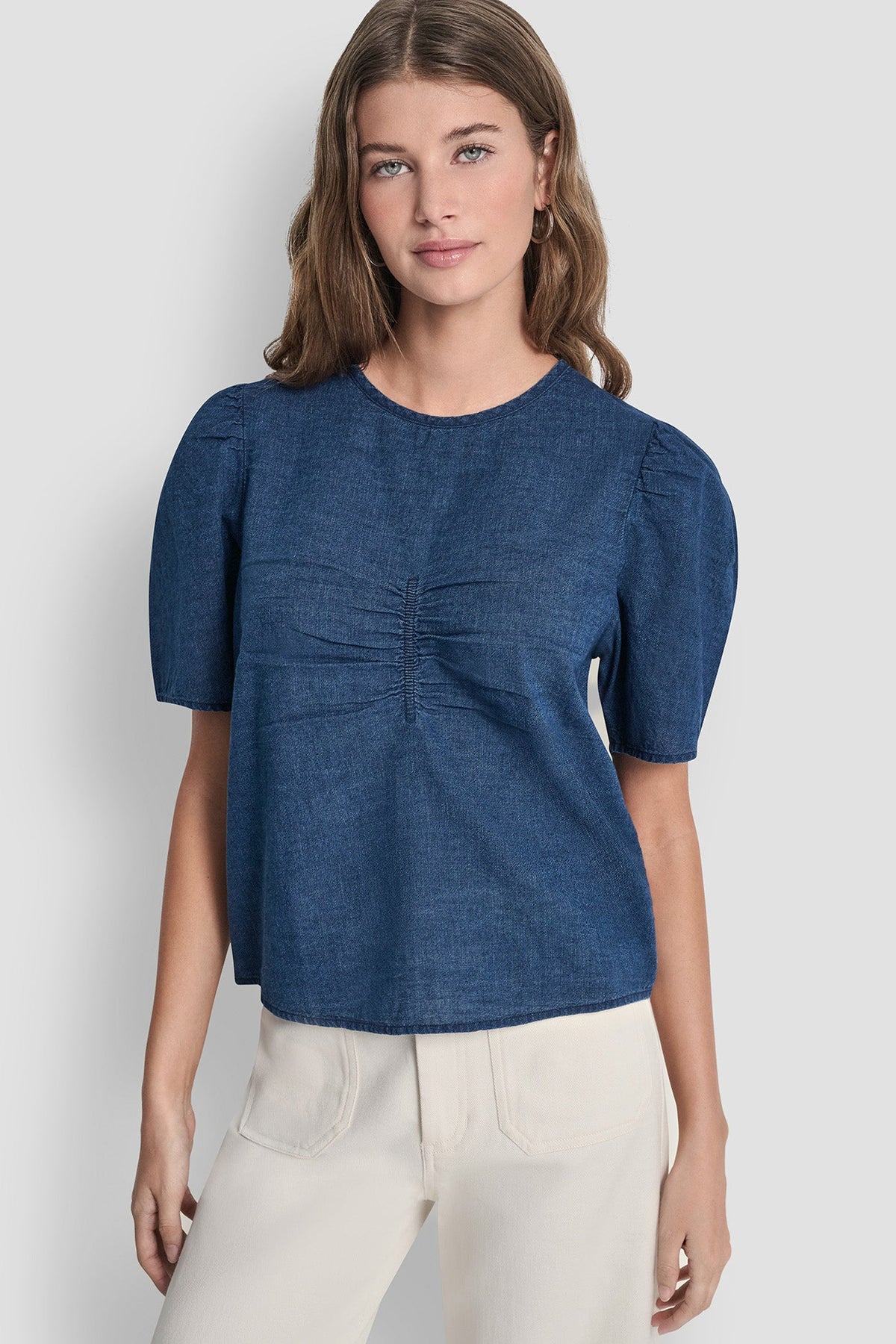 PUFF SLEEVE RUCHED FRONT SHIRT Indigo | DKNY