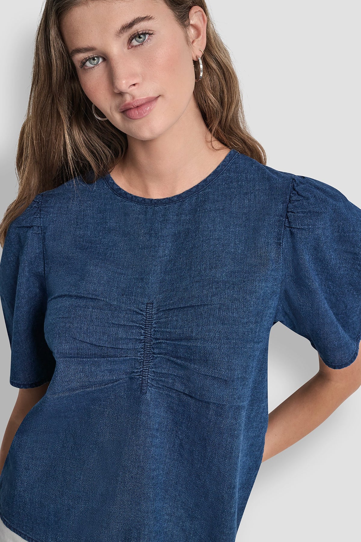 PUFF SLEEVE RUCHED FRONT SHIRT Indigo | DKNY