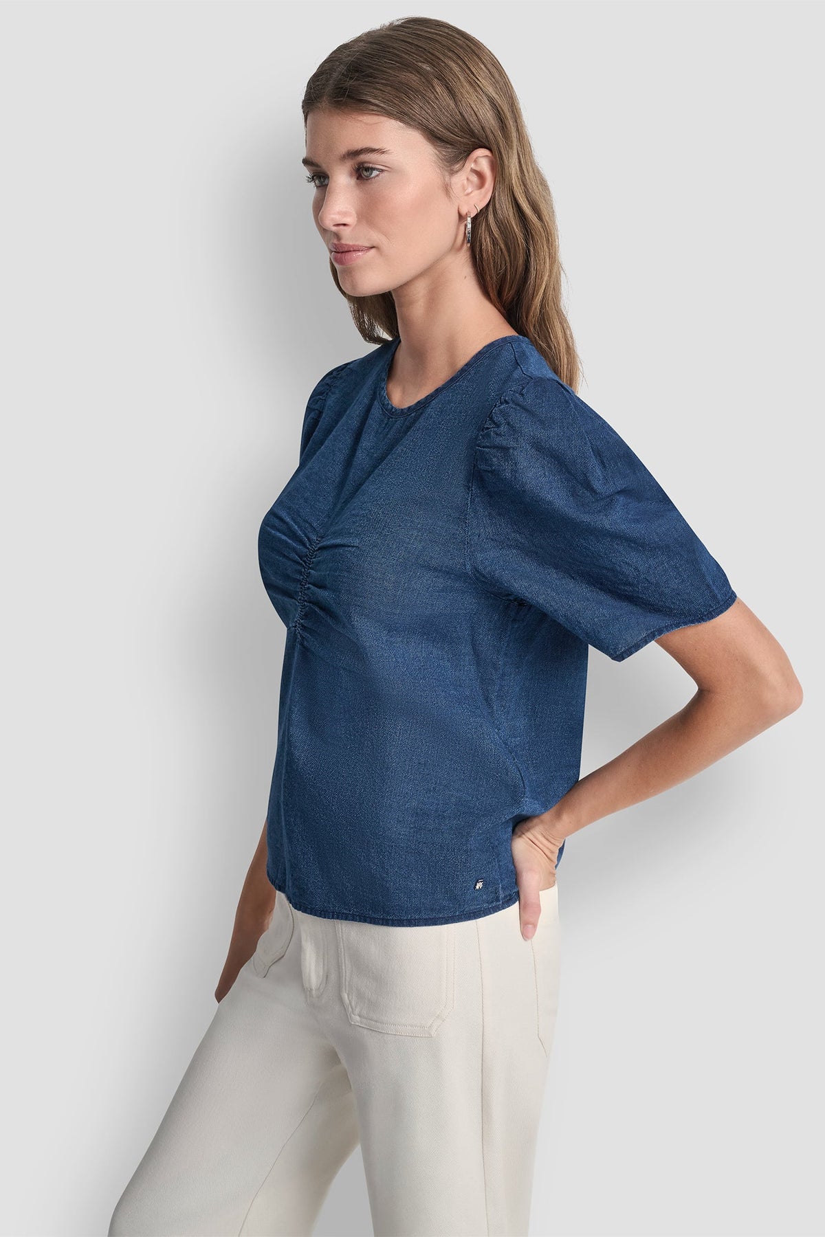 PUFF SLEEVE RUCHED FRONT SHIRT Indigo | DKNY