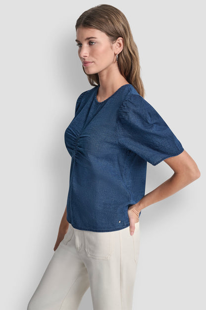 PUFF SLEEVE RUCHED FRONT SHIRT Indigo | DKNY