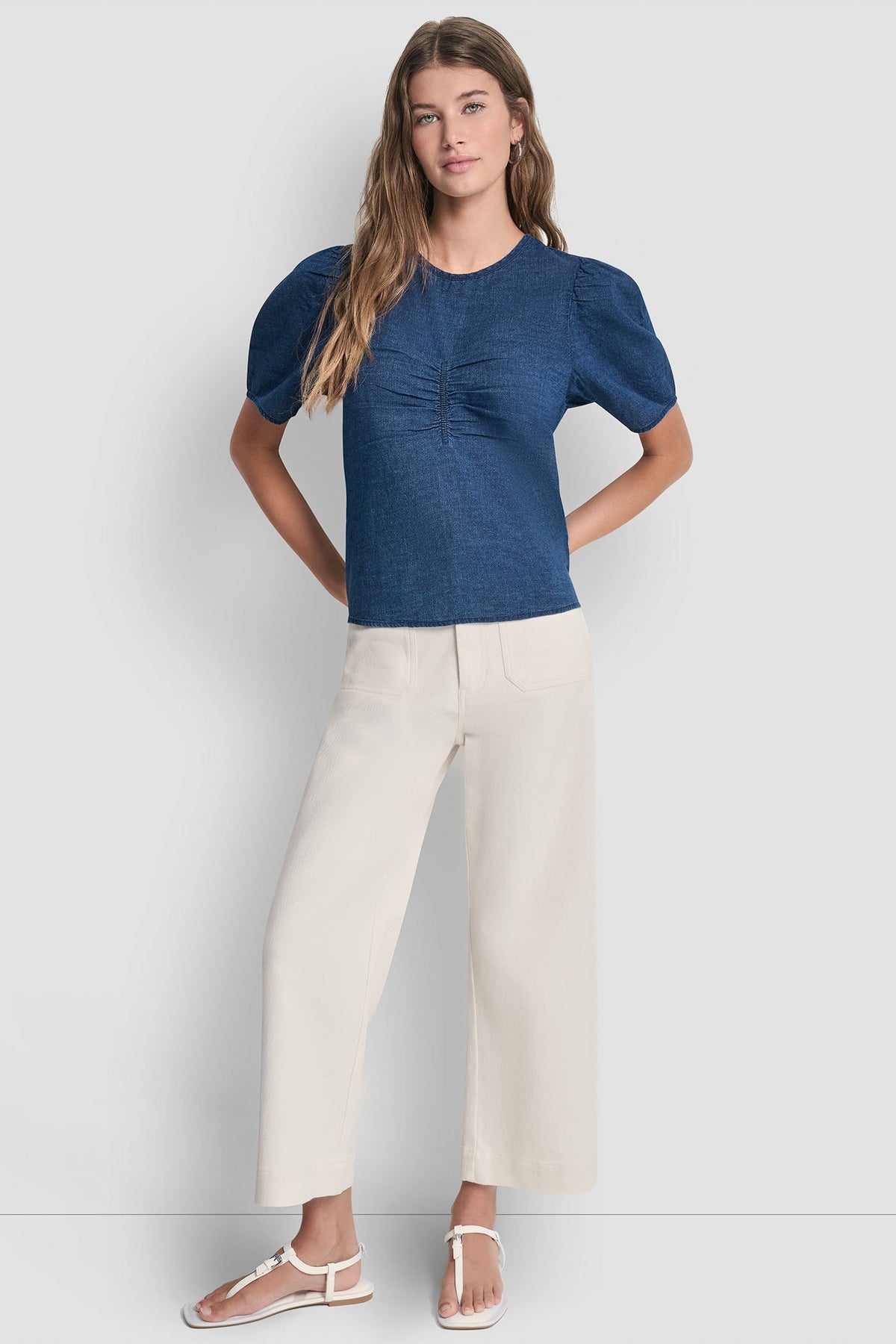 PUFF SLEEVE RUCHED FRONT SHIRT Indigo | DKNY