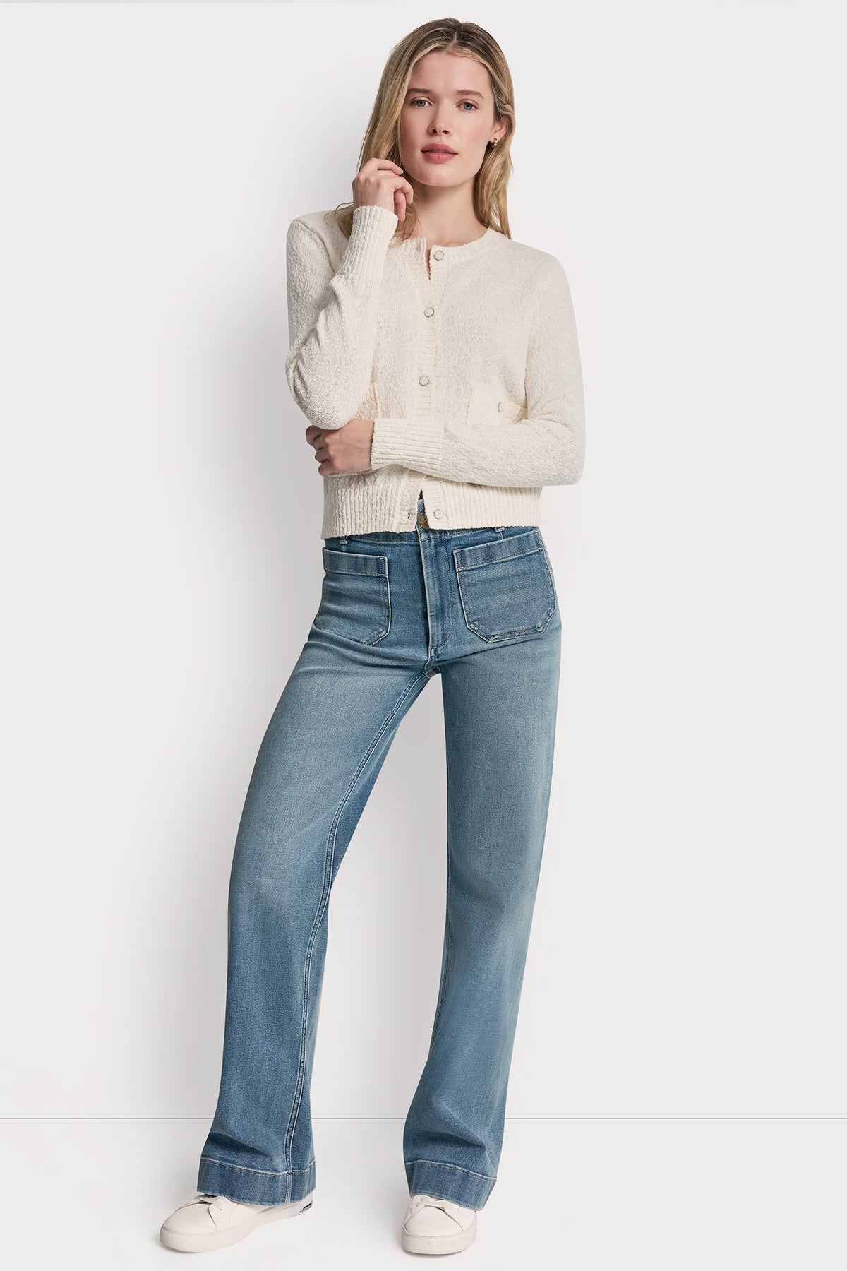 CREW NECK CARDIGAN WITH PATCH POCKETS Ivory | DKNY