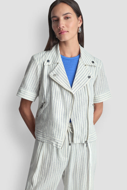 PINSTRIPE SHORT SLEEVE MOTO JACKET Ivory/Admiral | DKNY