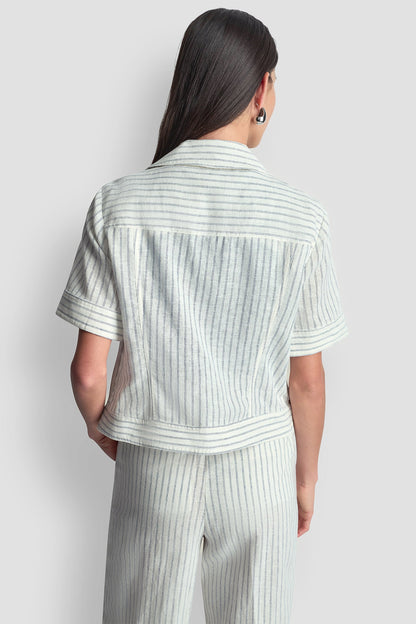 PINSTRIPE SHORT SLEEVE MOTO JACKET Ivory/Admiral | DKNY