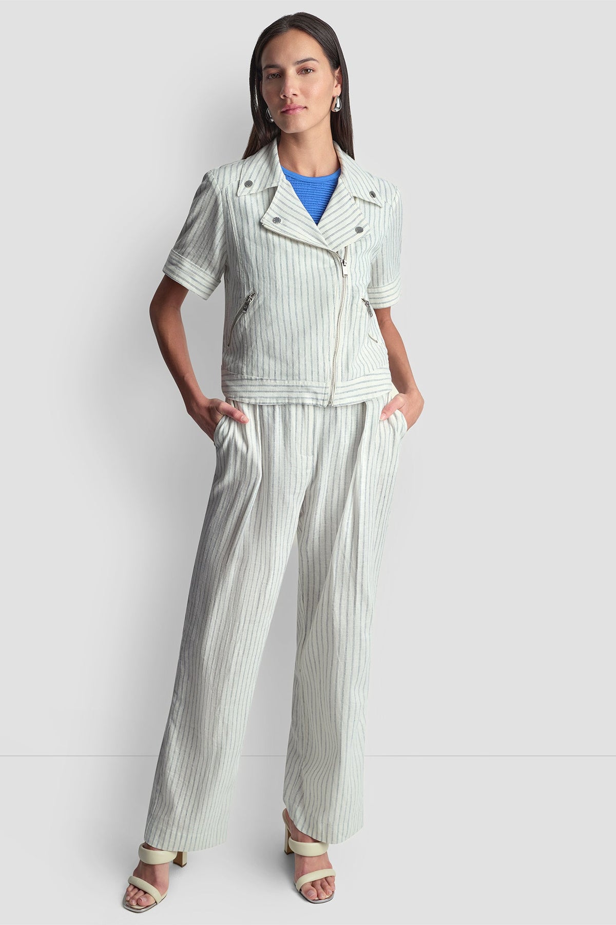 PINSTRIPE SHORT SLEEVE MOTO JACKET Ivory/Admiral | DKNY