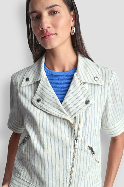 PINSTRIPE SHORT SLEEVE MOTO JACKET Ivory/Admiral | DKNY