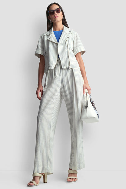 PINSTRIPE SHORT SLEEVE MOTO JACKET Ivory/Admiral | DKNY