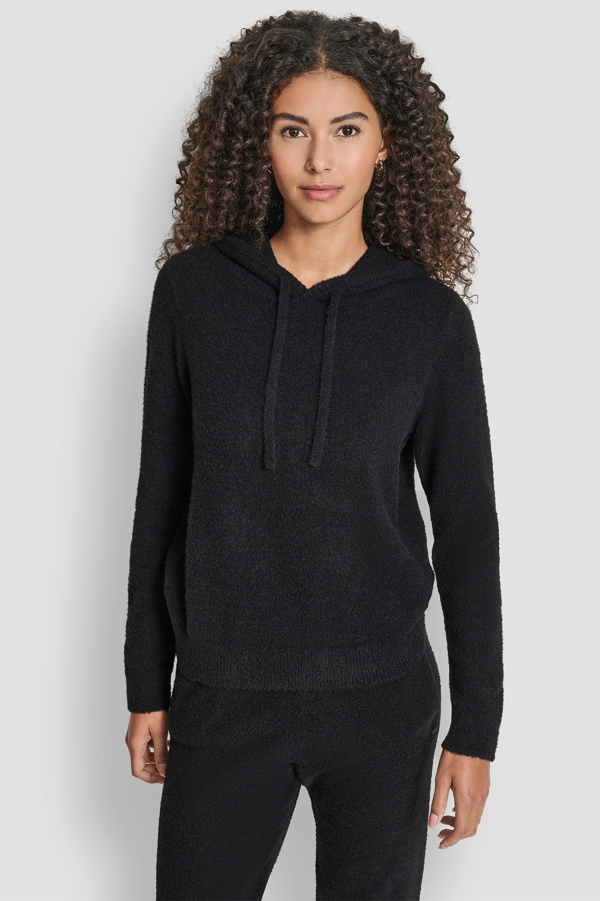 FEATHER YARN HOODIE WITH DRAWCORD AND TONAL LOGO Black | DKNY