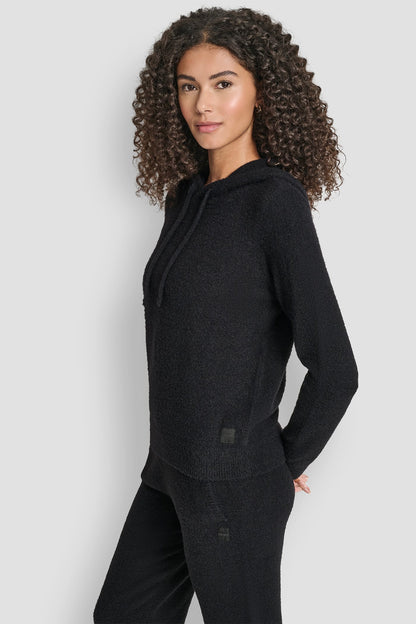FEATHER YARN HOODIE WITH DRAWCORD AND TONAL LOGO Black | DKNY