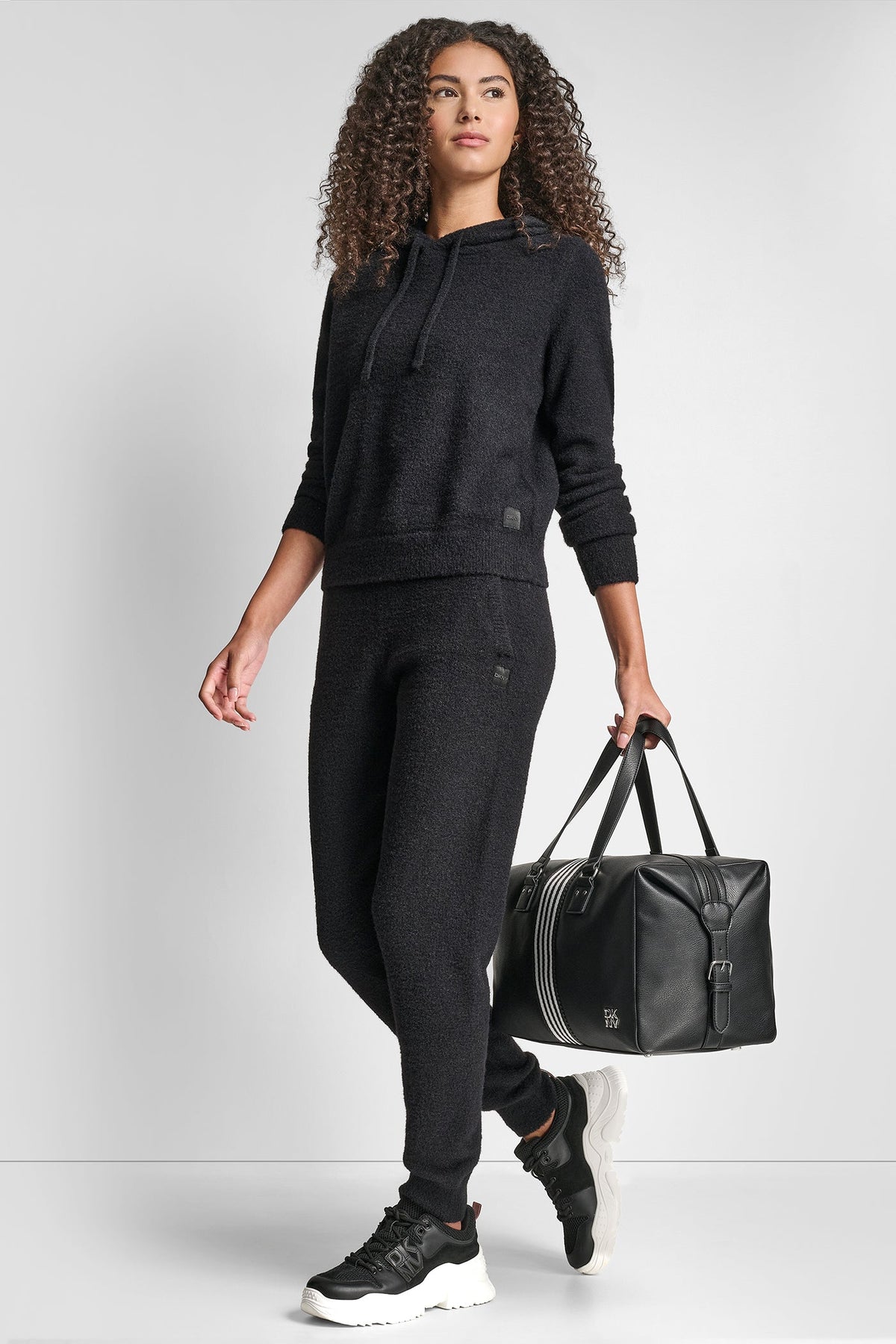 FEATHER YARN HOODIE WITH DRAWCORD AND TONAL LOGO Black | DKNY
