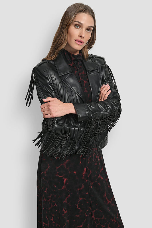 LONG SLEEEVE FRINGE CROP JACKET Black | DKNY