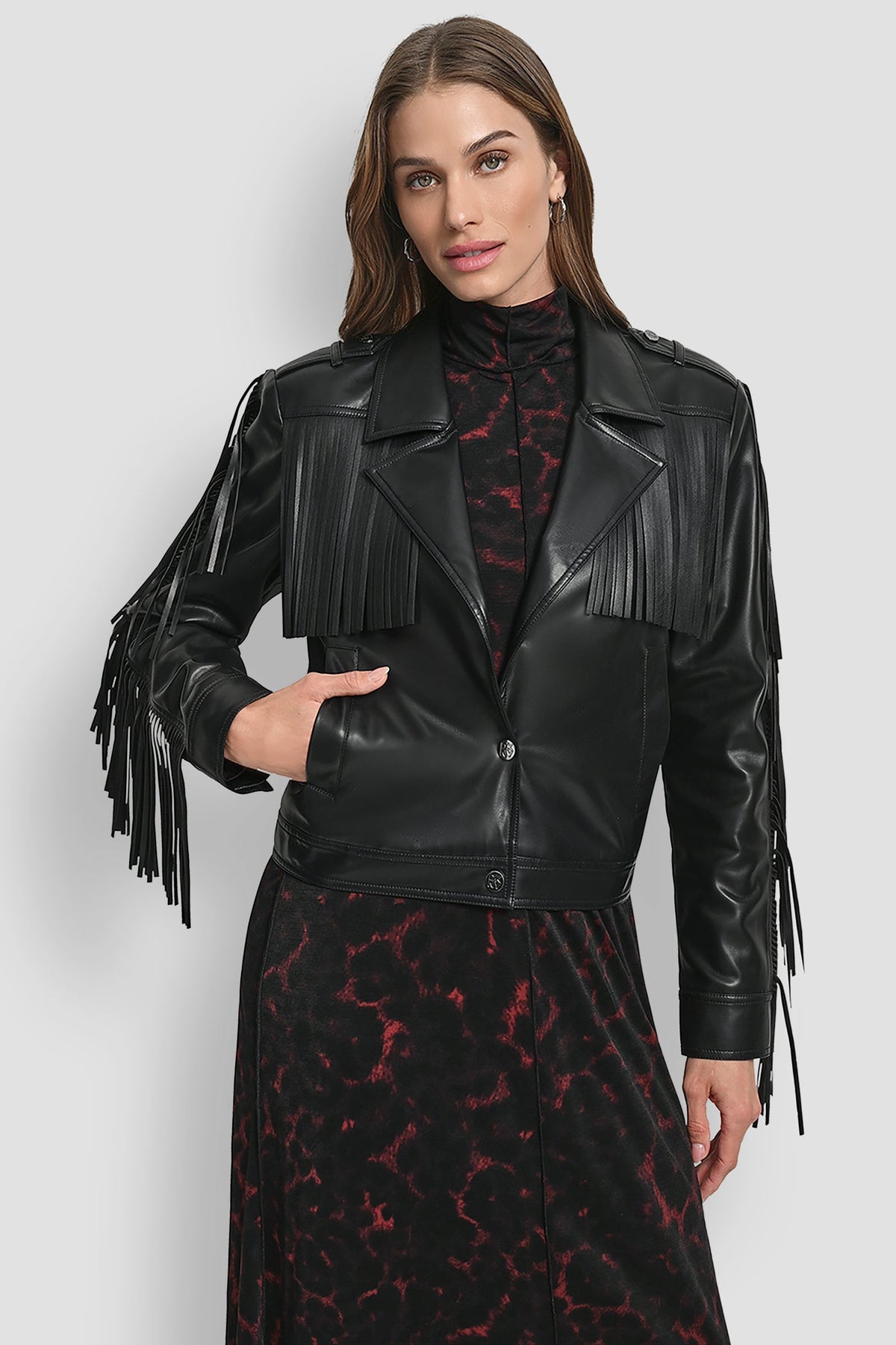 LONG SLEEEVE FRINGE CROP JACKET Black | DKNY