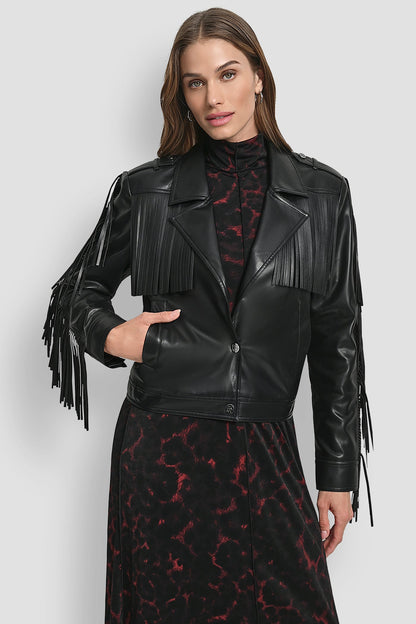 LONG SLEEEVE FRINGE CROP JACKET Black | DKNY