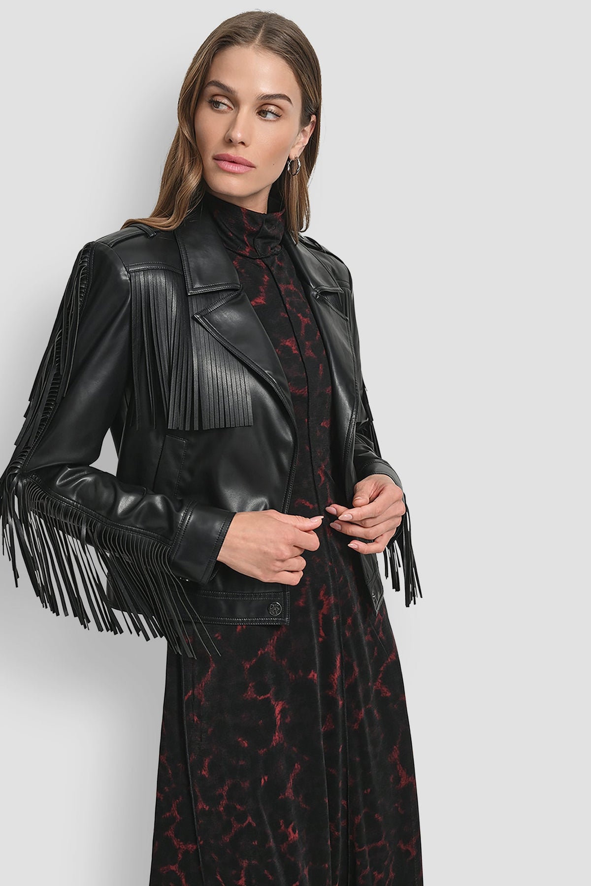 LONG SLEEEVE FRINGE CROP JACKET Black | DKNY