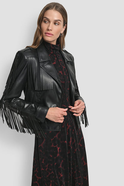 LONG SLEEEVE FRINGE CROP JACKET Black | DKNY